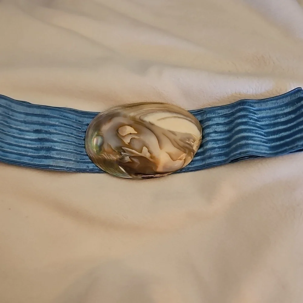 Vtg 1970s Tropical Shell World Blue Stretch Abalone Buckle Mermaid Festival Belt